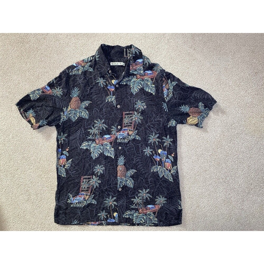 Batik Bay Men's Medium Rayon Hawaiian Shirt Black Tropical Cocktail Classic Cars